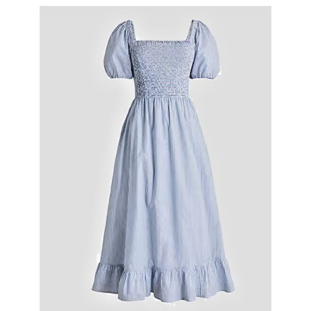 J. Crew Factory Striped Puff Sleeve Midi Dress Light Blue  S